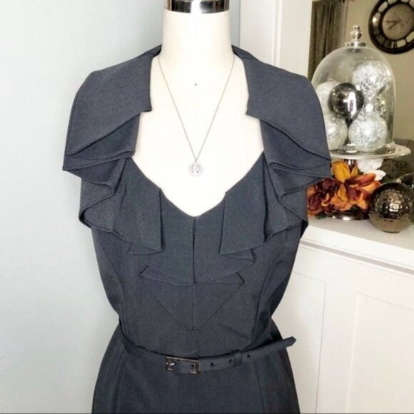 Evan Picone Gray Ruffled V-Neck Sheath Dress with Belt 10 Medium - Picture 3 of 9